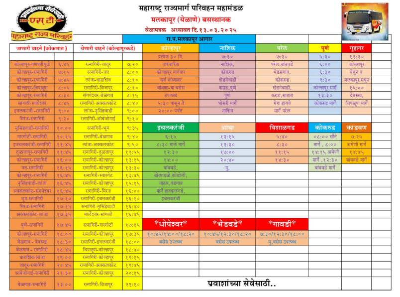 Malkapur to Kolhapur Bus Time Table ,Malkapur to Pune MSRTC Bus Schedule,Malkapur to Mumbai MSRTC Timings,Malkapur to Ratnagiri MSRTC Bus Time Table,Malkapur to Belgaon and Hubli Bus Timings ,Malkapur to Ichalkaranji and Sangli Bus Route
