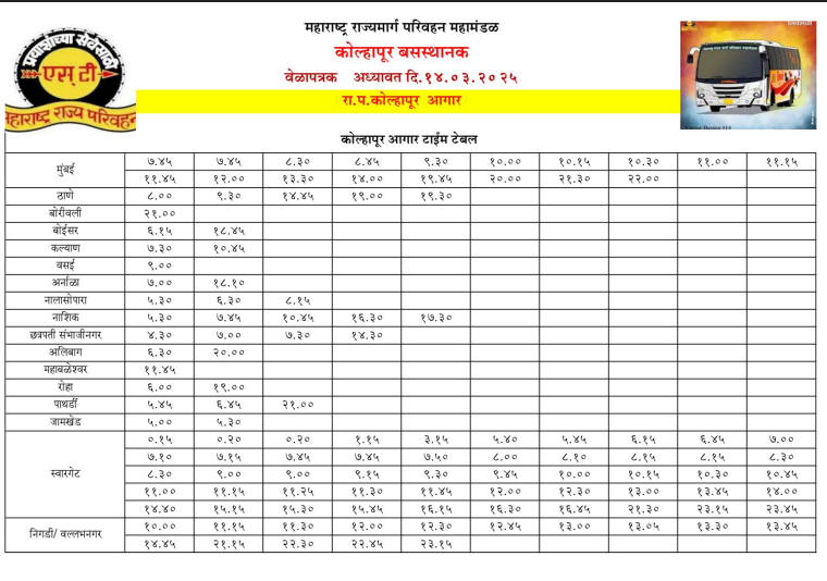 Kolhapur Bus Stand Time Table | Kolhapur msrtc bus time table,Kolhapur to Pune MSRTC Bus Time Table,Kolhapur to Mumbai MSRTC Bus Timings,Kolhapur to Sangli Bus Schedule,Kolhapur to Satara Bus Time Table,Kolhapur to Belgaum MSRTC Bus Timings